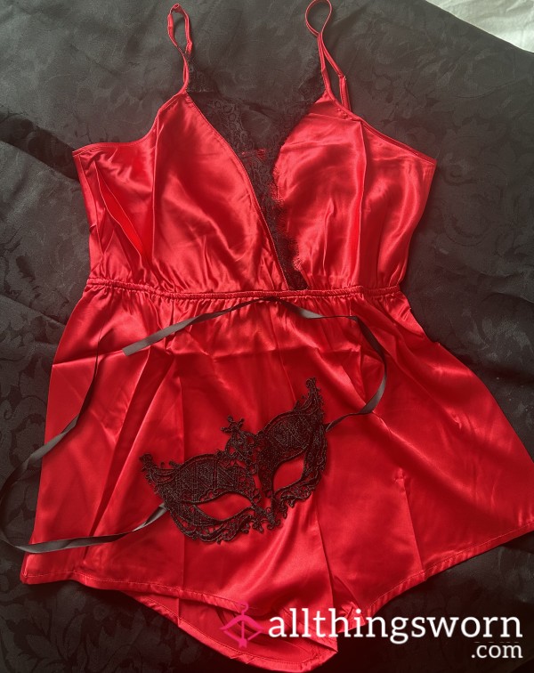 S**y Red Playsuit With Lace Eye Mask