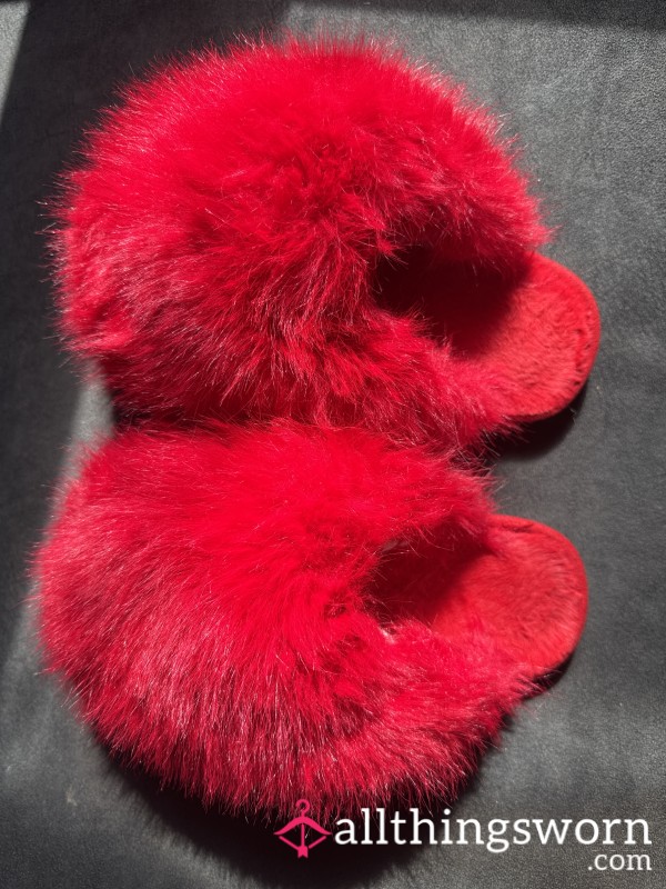 S**y Red Plush Slippers – Worn, Cozy, And Bold Statement