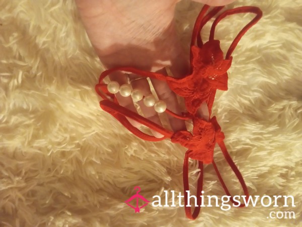 S**y Red String Thong, With PEARLS For That Clam 🦪 NEVER BEEN WASHED & INCLUDES SHIPPING TO USA