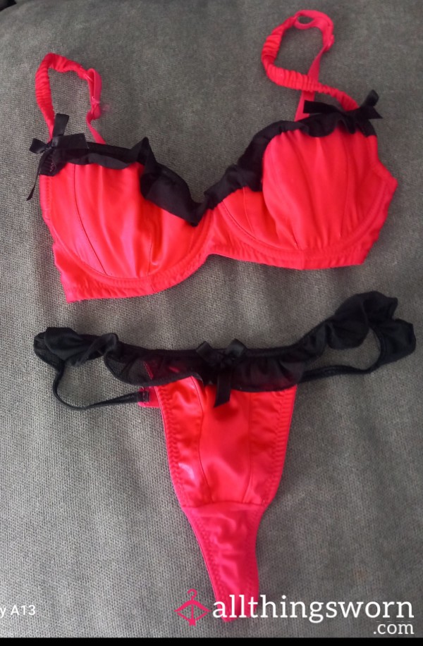 Owned By Katie Cougar For 15 Years,s**y Satin Pink + Black Bra And Thong Set Size 8