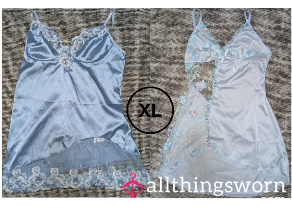S**Y SHEER BLUE LACE SATIN SILK LIKE NIGHTGOWN SLEEPWEAR (XL)