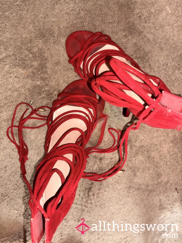 S**y Strapped Suede Red High Heels, With Extra Filth