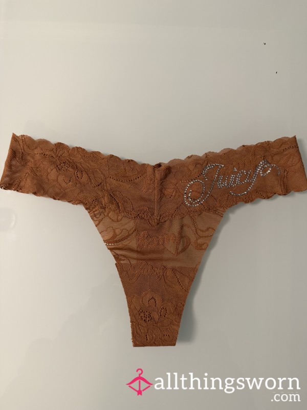S**Y TAN JUICY COUTURE LACE THONG WITH JEWELS. SIZE SMALL. COMES WITH 1 DAY WEAR, FREE SHIPPING & TRACKING IN U.S