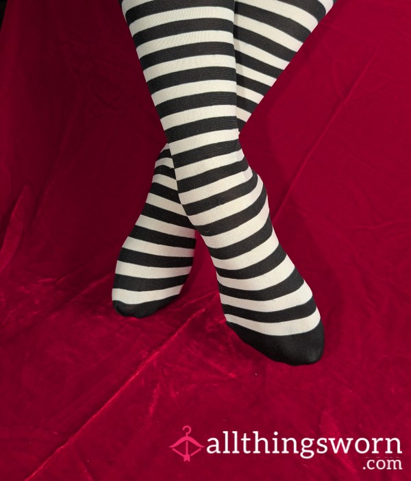 S**y Thigh High Black And White Striped Stockings
