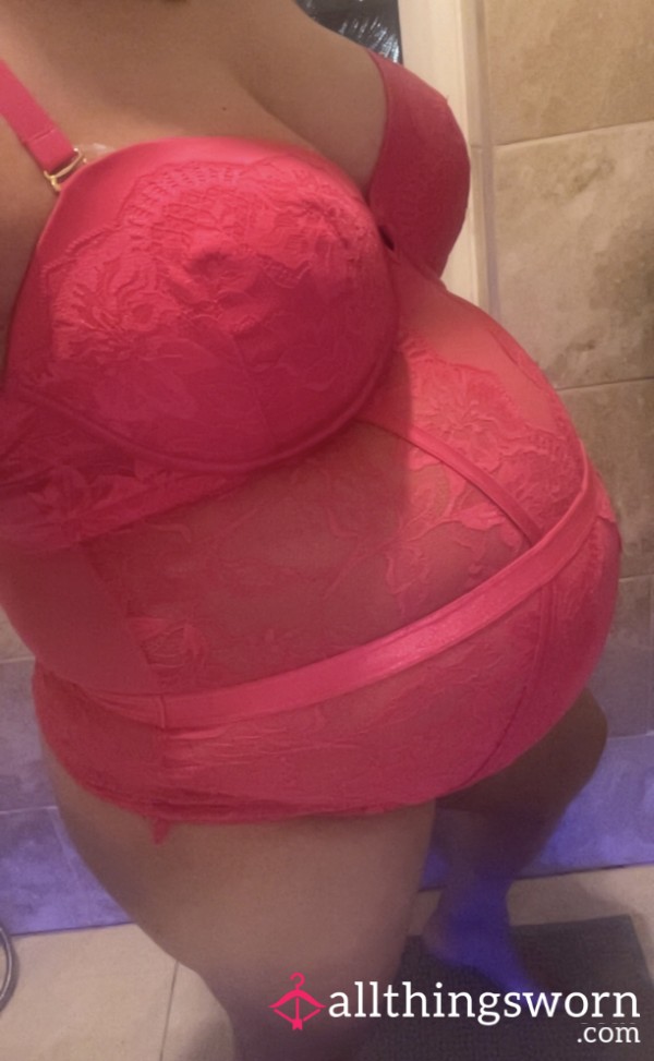 S**y Well-worn C*m Thong Milf Pregnancy Bright Pink Lace Bodysuit