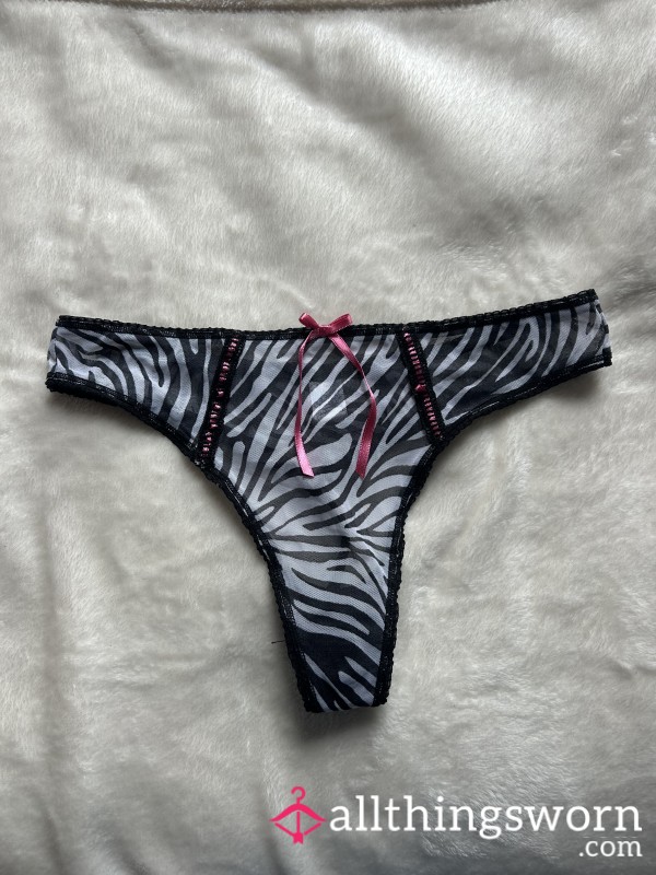 S**y Zebra Print Mesh Thong With Ribbon