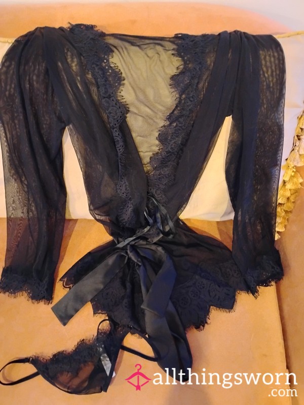 Sheer Black Lace Wrap Robe + G-String Set