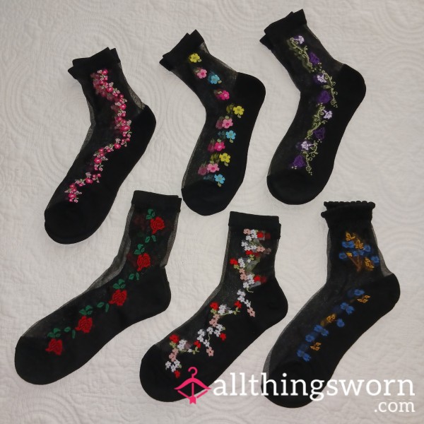 Sheer Black Reinimposed Socks With Embroidered Flowers Bundle Includes Daily Photo Set