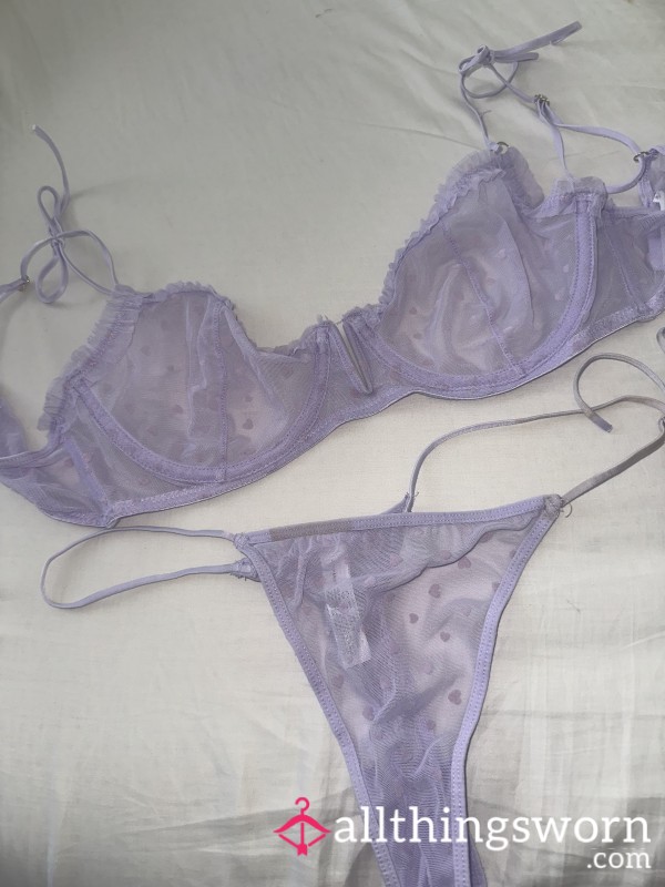Sheer Lilac Heart Print Adjustable Bra And Pantie Set