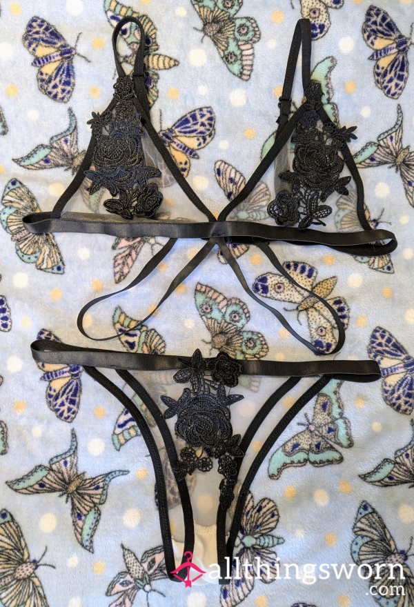 Sheer Mesh & Applique Bralette+Thong Set