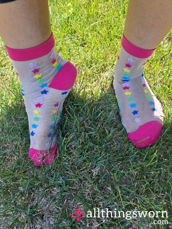 Sheer Nylon Ankle Sock With Rainbow Stars!