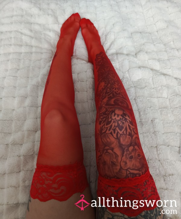 Sheer Red Stockings With Lace Top 🔥