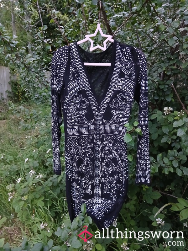 Worn Sheer Stretchy Black Dress With Lots Of Rhinestones 🌟