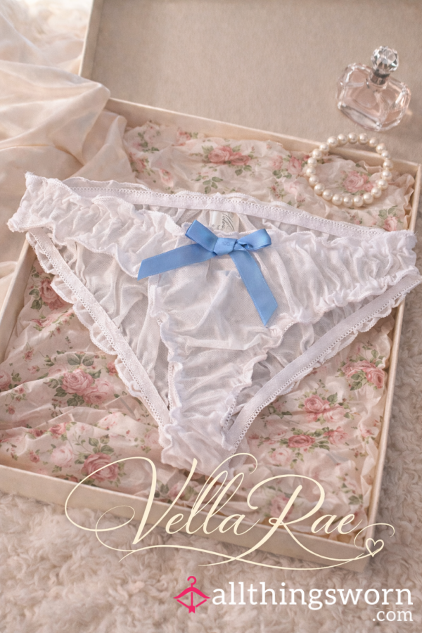 Sheer White Mesh Ruffle Panties Satin Bow Feminine & Delicate With Peal Bracelet