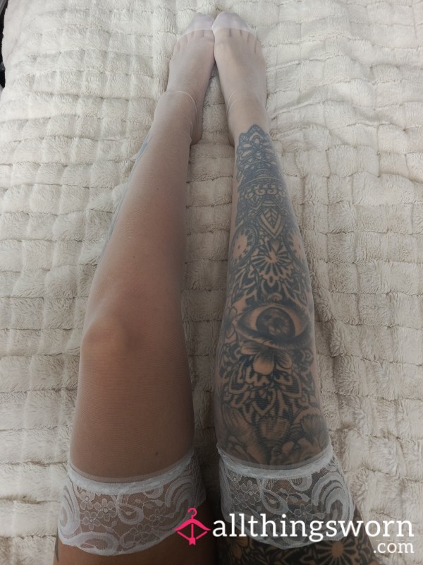 Sheer White Stockings With Lace Top