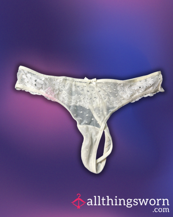 Sheer White Thong With Cotton Gusset - Unknown Pink Stain