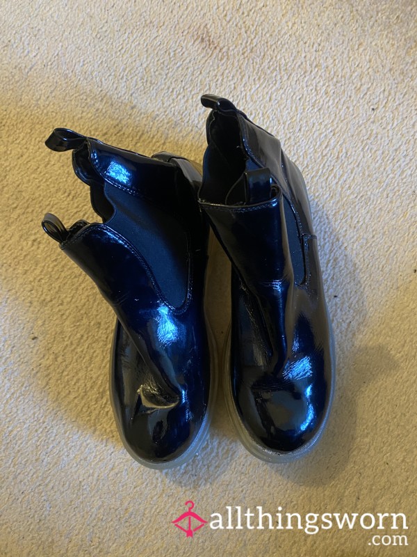 Shiny Black Ankle Boots – Clear Thick Sole & Chunky Heel ✨