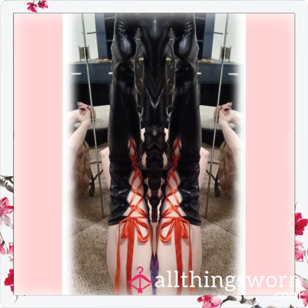 Shiny Black Wet Look Lite Weight PVC-Style Thigh High Stockings With Red Satin Laces