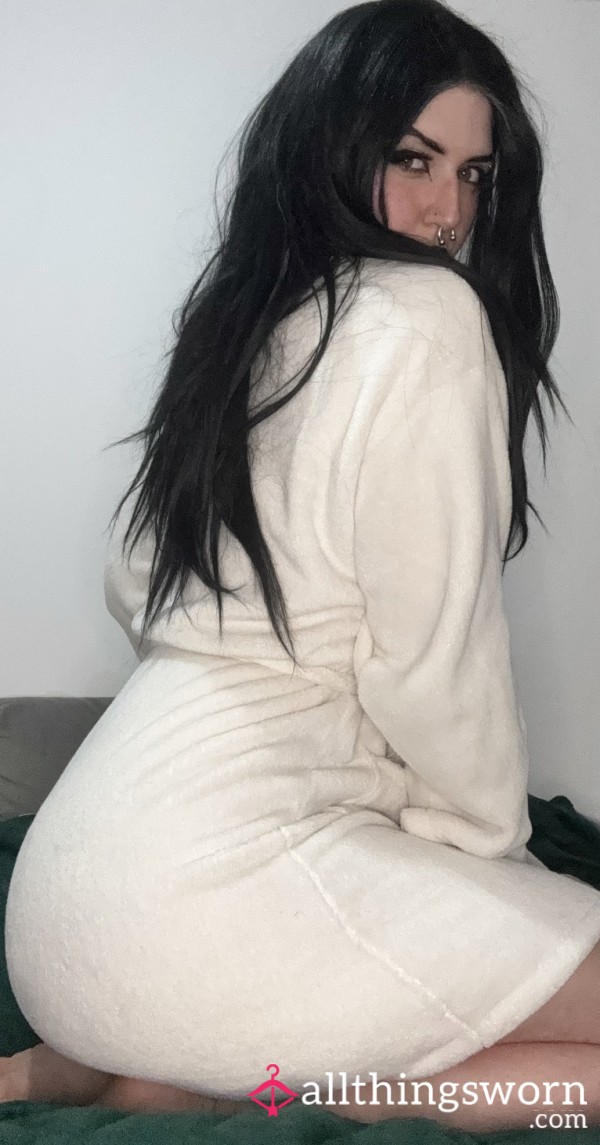 Short White Fluffy Belted Dressing Gown Worn To Order (One Size)