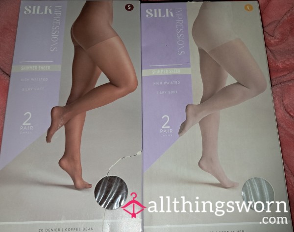 Silk Impressions High-waisted 20 Denier Pantyhose.  Shimmery And S**y!   Size Small In Coffee Bean Brown; Size Large In Silvery White. Worn With Or Without Panties!  $20/$25