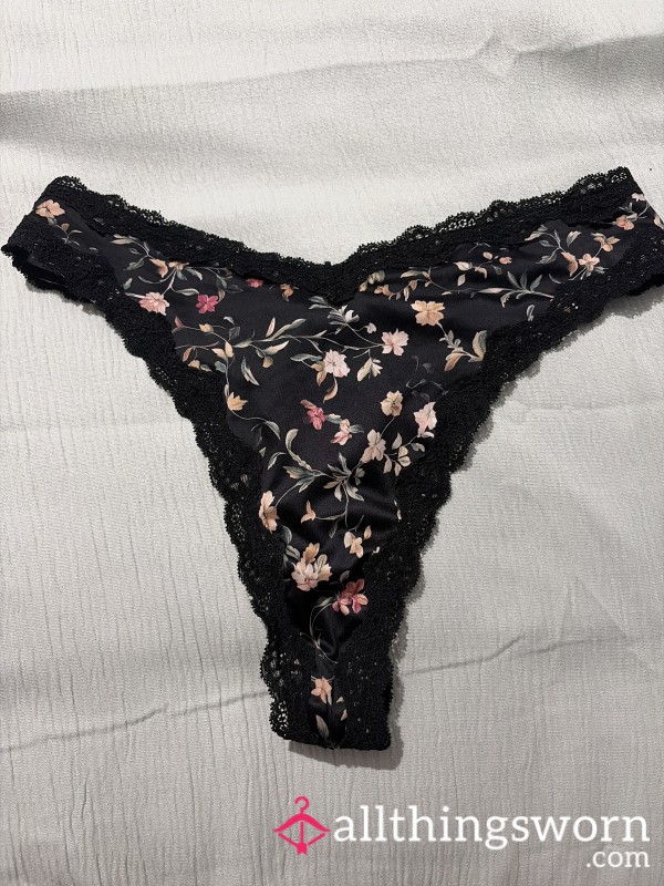 Silky Black Flor*l Thong