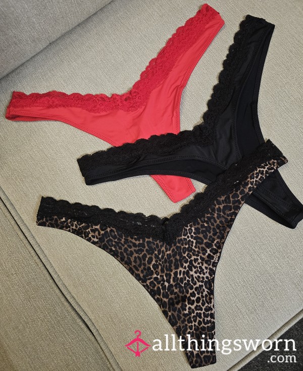 Silky Fabric Thongs With Lace Top In Black 🖤, Red ❤️, Or Leopard 🐆 Print: Price Includes 1 Day Wear & Photo Proof Of Wear 💋