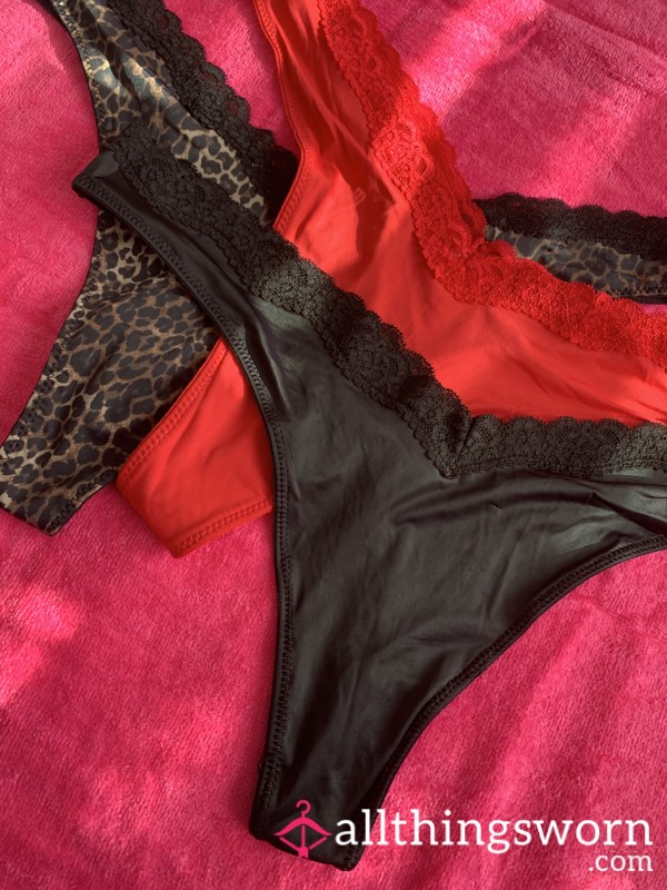 Silky Feel Thongs - Size Large - Red/Leopard/Black