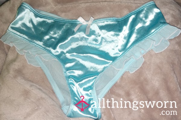 Silky, Light Blue Panties With Sheer Back And Frilly Leg Accents.  Size 6.