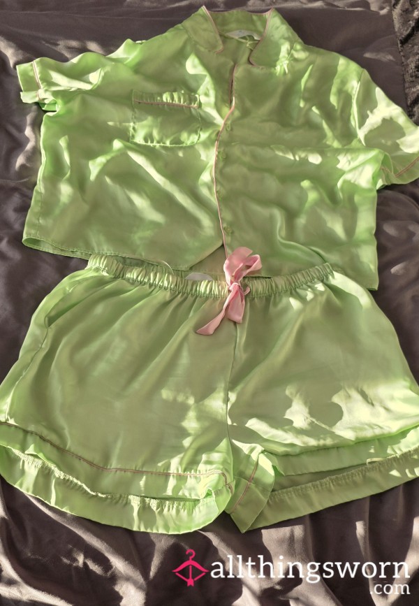 Stinking Silky Lime Green Pyjamas – 24-Hour Wear Loaded With Sweat & Pu**y Aroma, No Pantie