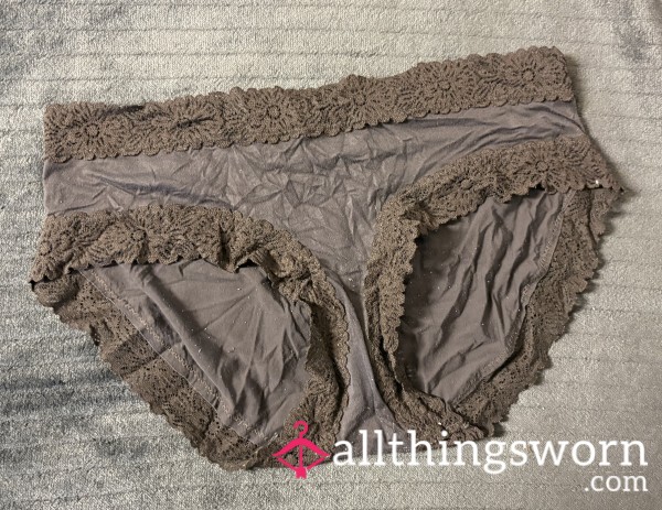 Silky Soft Well-Worn Cheeky Flor*l Lace Trim Brown Bikini Style Panty, Size XS
