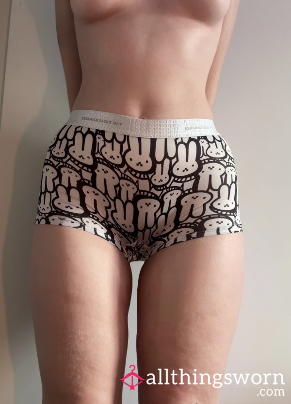 Silky White And Black Bunny Worn Boyshorts (Size M)