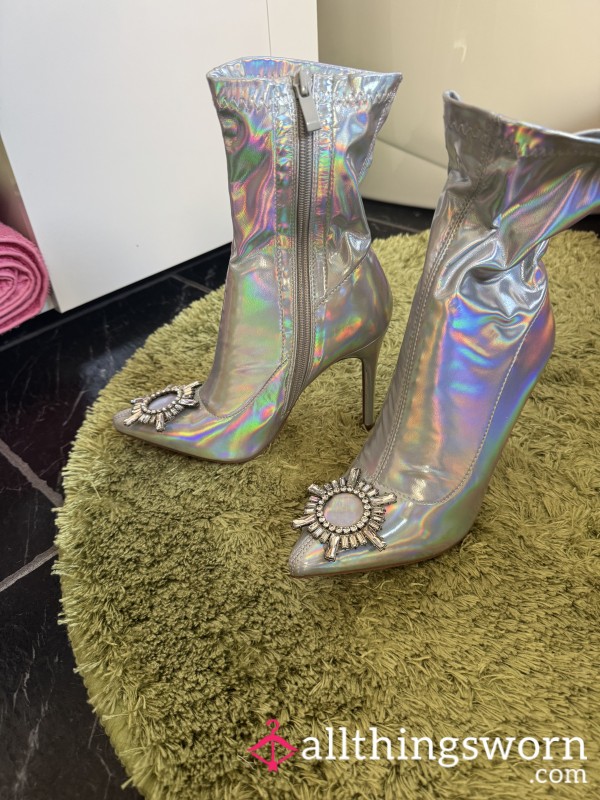 Silver Iridescent Kinky Boots Pvs Type Material Worn By Your S**y Goddess
