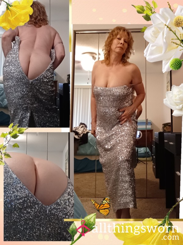 Silver Sequin Full Length Gown With Back Slit