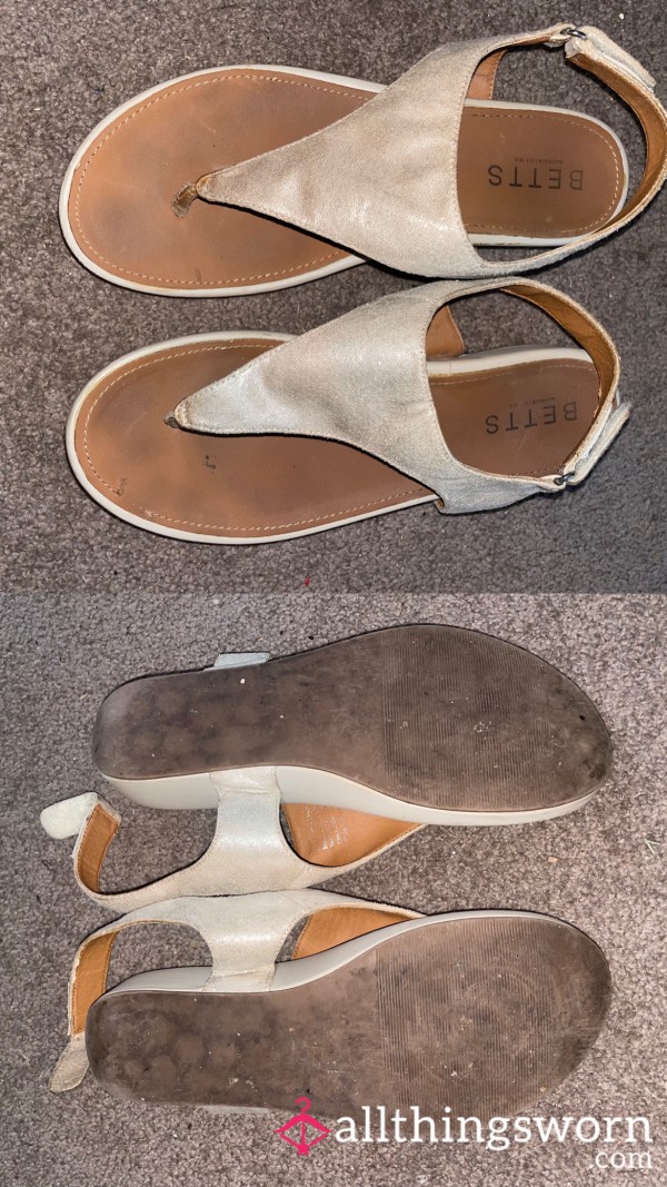 Silver Shiny Betts Sandals With Super Dirty Scuffed Bottoms