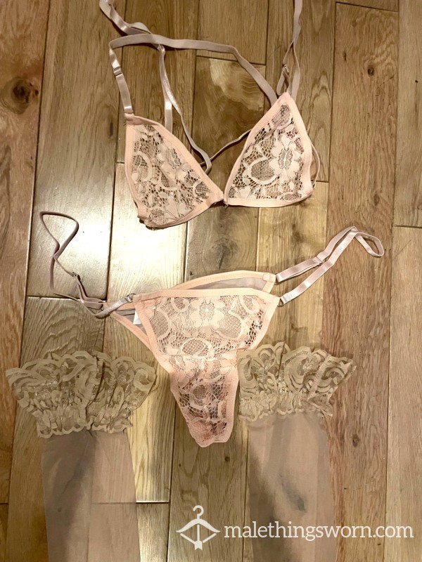 Sissy Men's Nude Bra & Panties And Stockings Set - Crossdress Roleplay