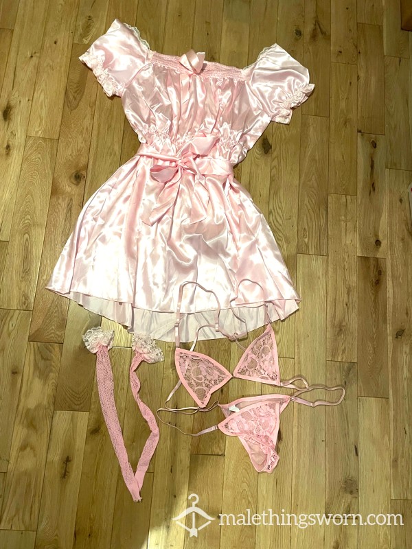 Sissy Men's Pink Babydoll Dress, Bra & Panties And Stockings Set - Crossdress Roleplay