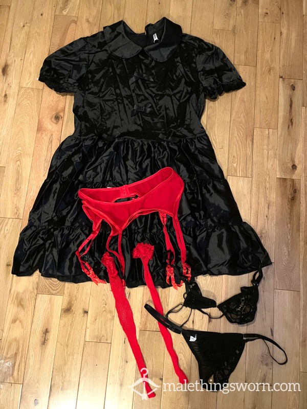 Sissy Sl*t Men's Black Babydoll Dress, Bra & Panties And Red Stockings & Suspenders Set - Crossdress Roleplay