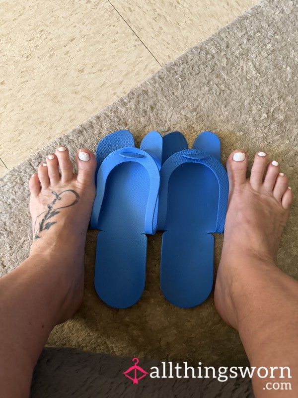 Size 11 Blue Flip-Flops — Worn Home Over Hot Pavement 💙🔥👣 By A Mature Tattooed MILF