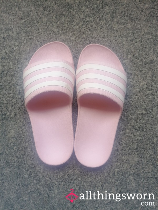 Size 2 Worn Adidas Pink & White Stripe Slide's
