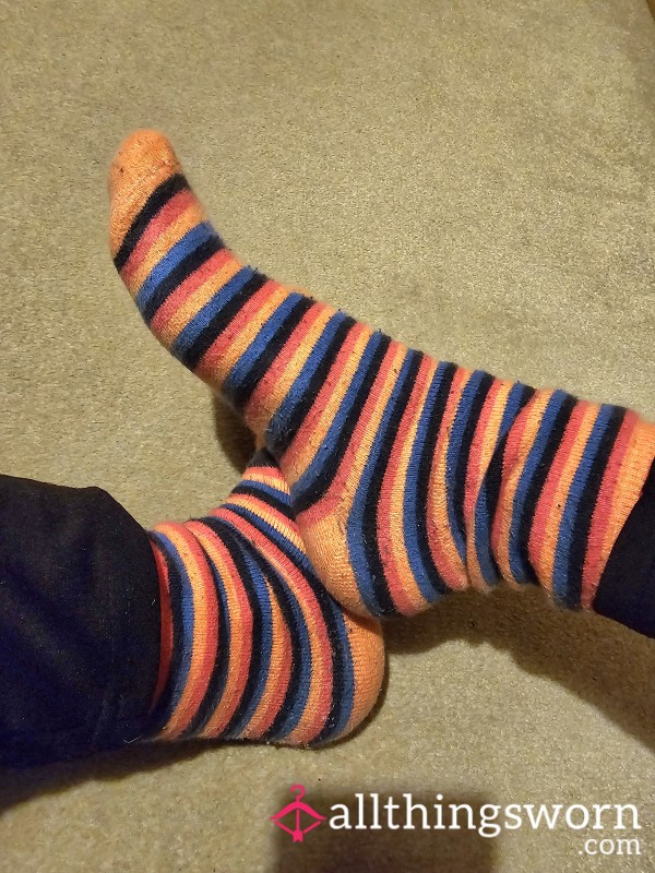 Size 5 Feet, Orange Stripey Socks Worn For 4 Days