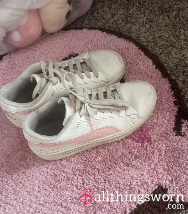 Size 7 Pink And White Puma Sneakers ( Well Worn)