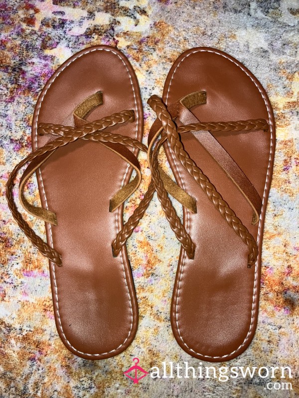 Size 8 Leather Braided Thong Sandals  With Footprints