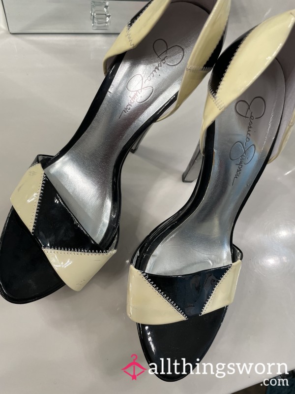 Size 9 Jessica Simpson Black & White Block Patent Platforms – Intimate Wear Only, Shows The Pa**ion! 👠🔥