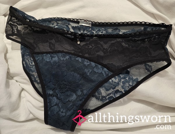 Size Large Well Worn Black And Dark Green Lacy Panties, Plenty Of Detail.