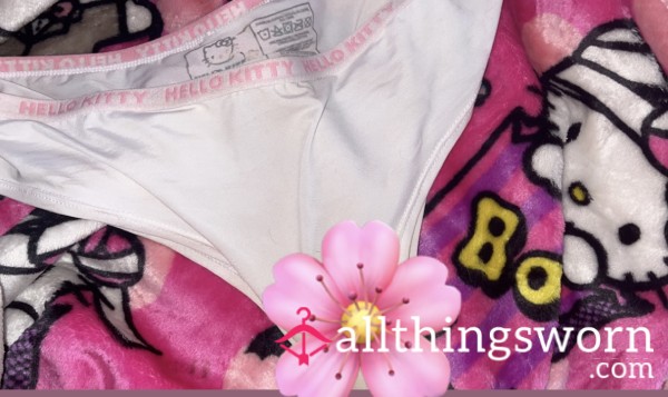 (Size Large) Hello Kitty Branded White VERY STAINED Cheeky Panties 🎀🐇 (worn During S**) **can Wash And Wear Again If Requested**