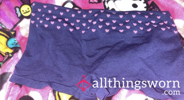 (Size Medium) Dark Blue Navy And Pink Hearts Boyshort Style Panties (4 Day Wear)