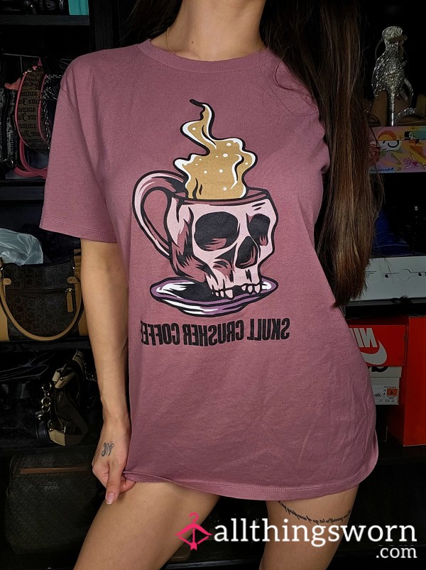 ☠️☕️ Purple Skull Crusher Coffee GraphicT-Shirt Oversized Cotton Top Pj Sleep Shirt Japanese Asian Girl Fitness Model Gym Athletic Petite Cute Personal Trainer