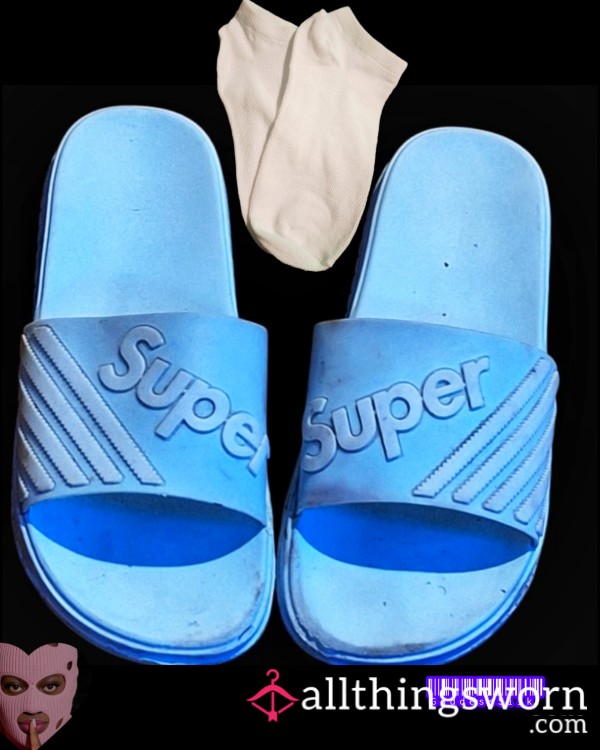 👣✨ Slide Into Comfort & Style!  Blue 🔵 “Super” Slides W/  White Ankle Socks🧦72 Hr Wear  – Size 11
