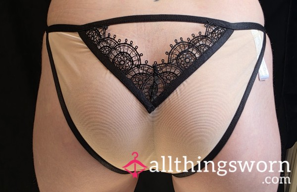 Sl*tty & Soaked For You 💦 Custom Worn Black Strappy Ornate Lace Thong