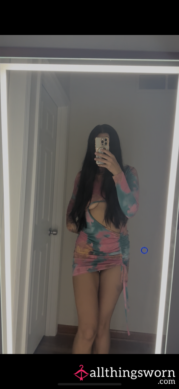 Sl*tty Tie-Dye Cutout Mini Dress, Size S/M, Adjustable Ruched Side